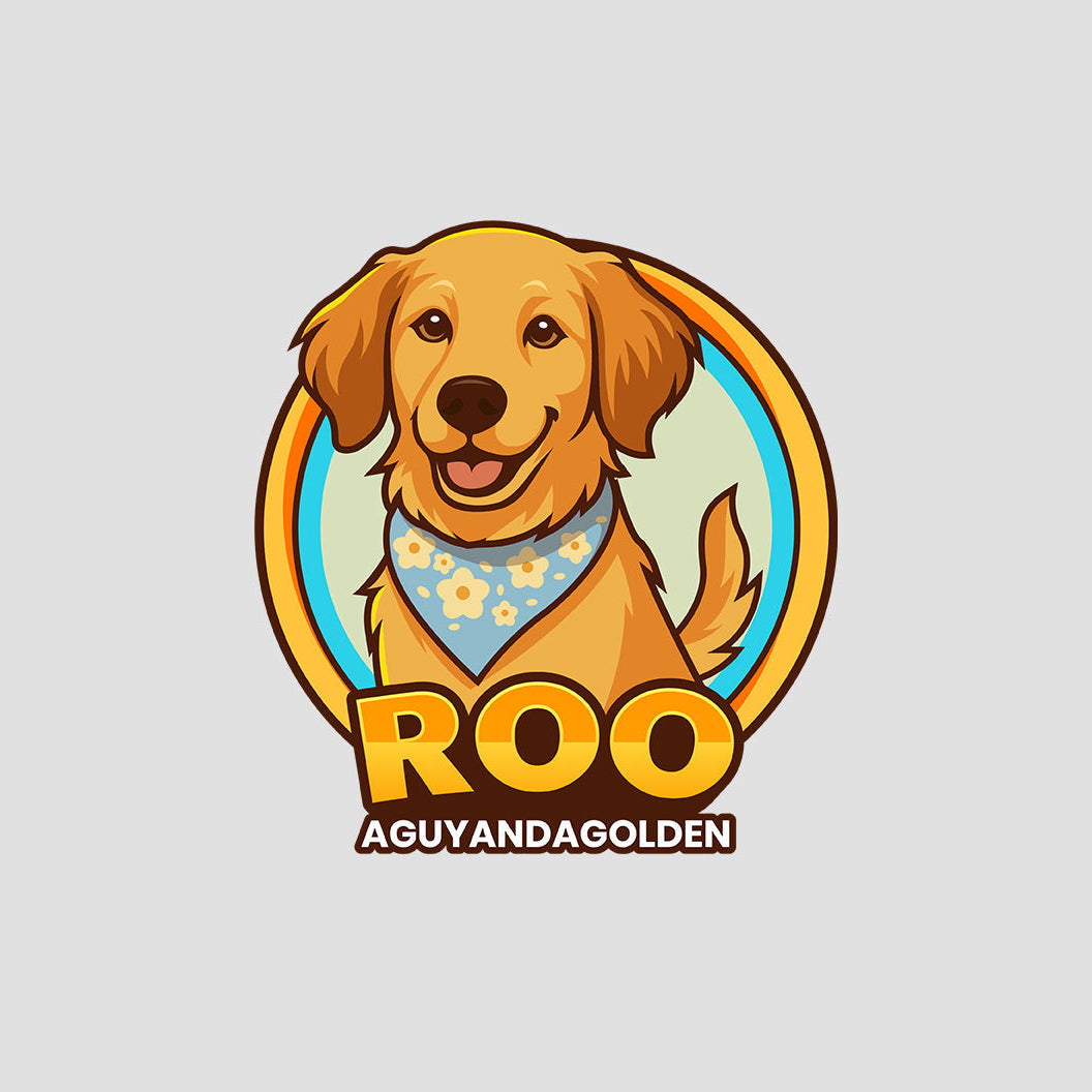 Cartoon dog with a bandana and 'ROO' text on a light gray background