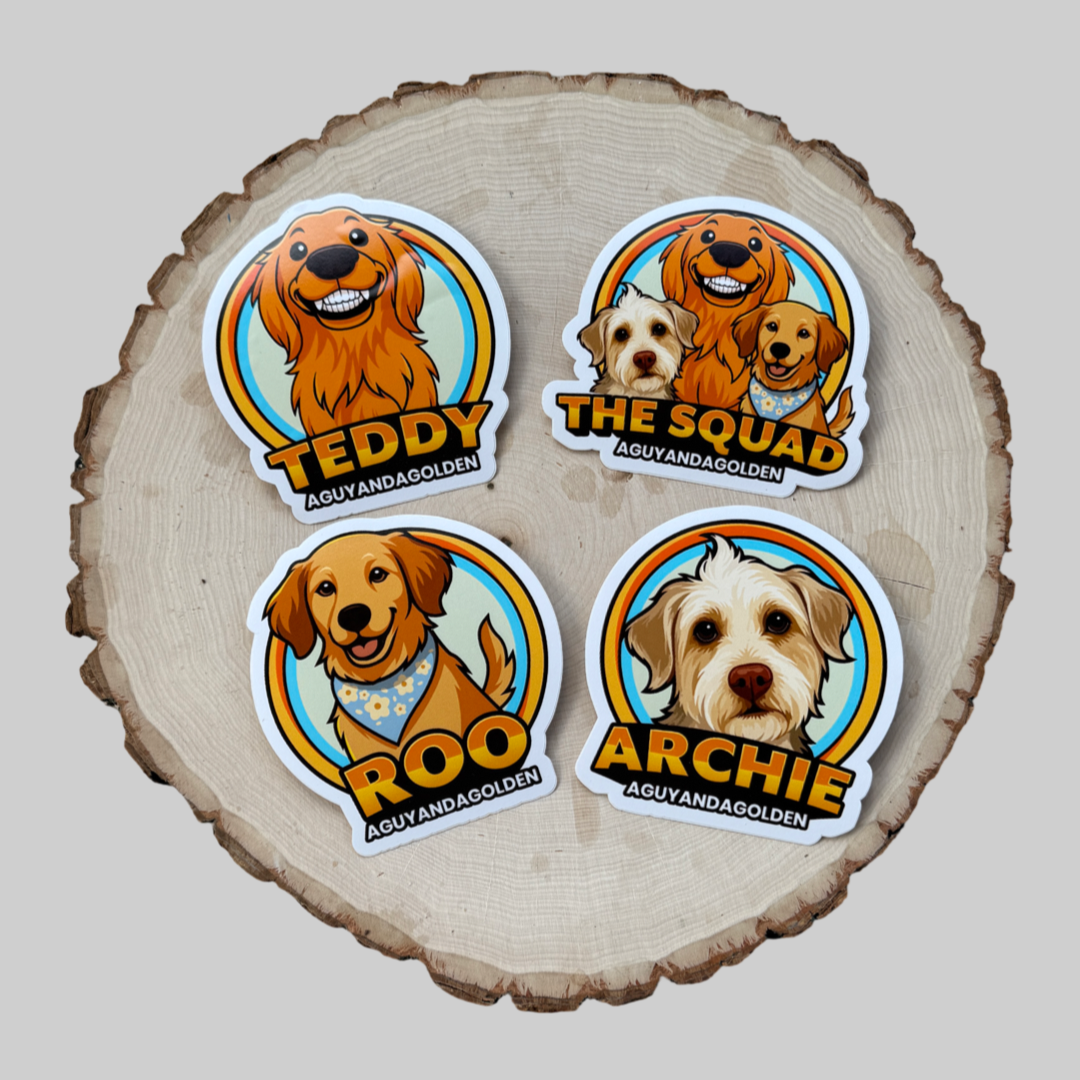 Four dog-themed stickers on a wooden slice background