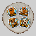 Four dog-themed stickers on a wooden slice background
