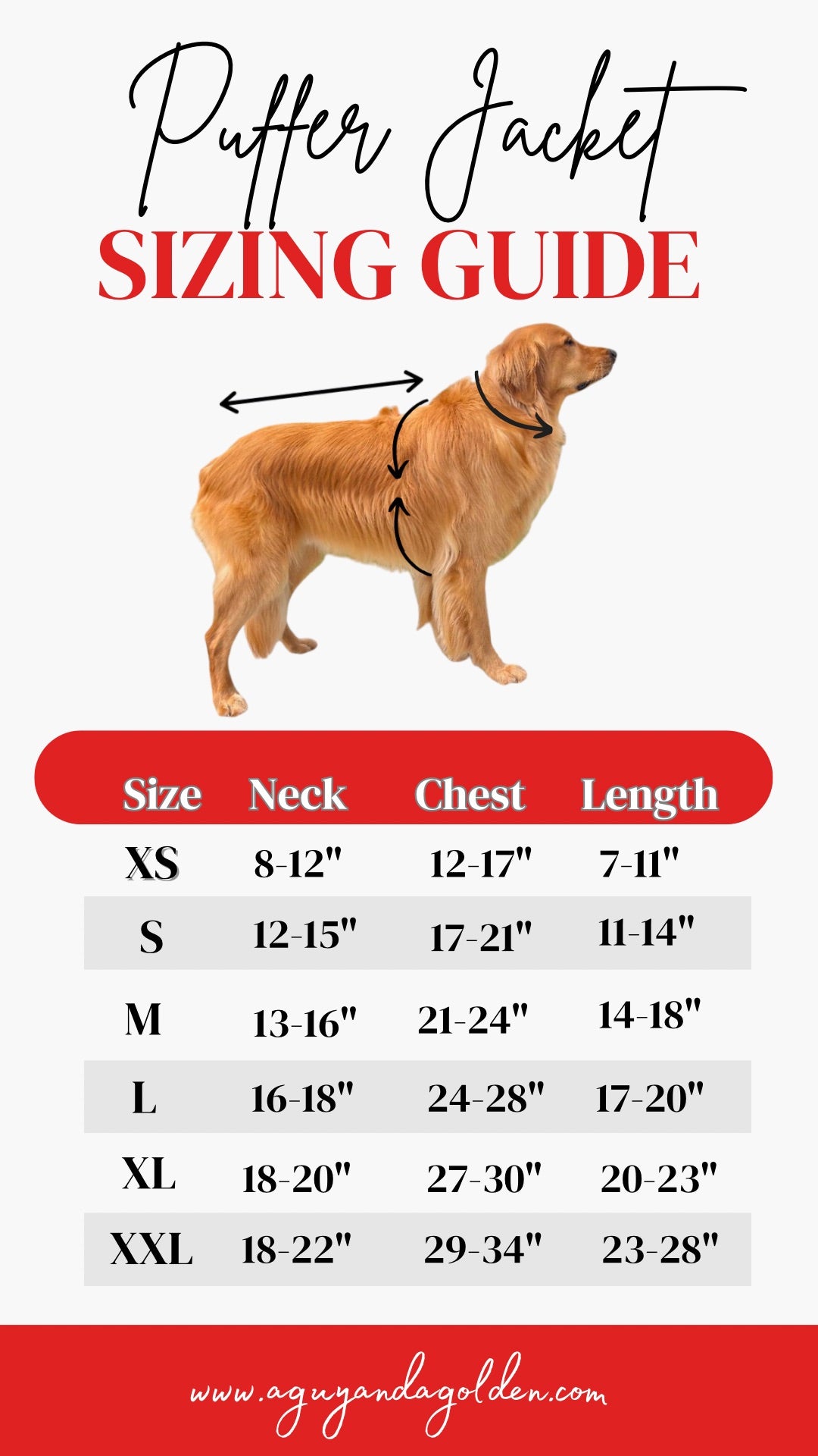 Dog puffer jacket sizing guide with a golden retriever illustration on a white background.