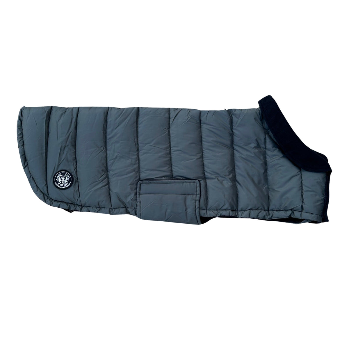 Gray dog puffer coat with black trim on a white background