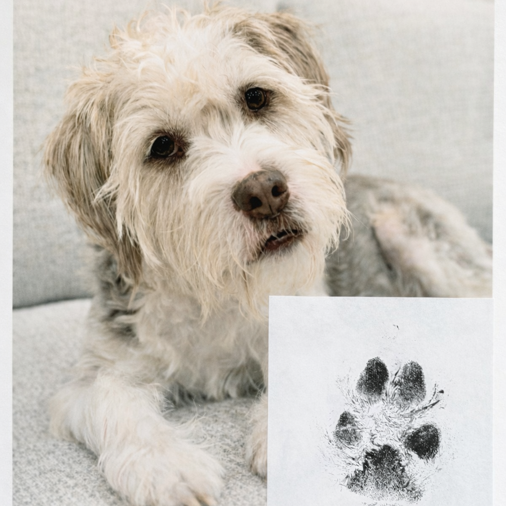 Dog with a paw print on a light background