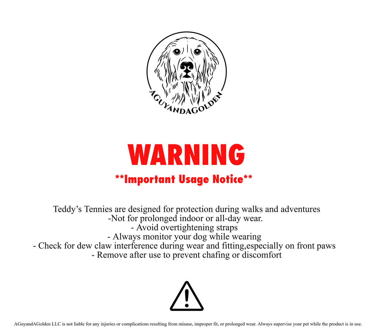 Warning label for dog products with a black and white logo and text on a white background