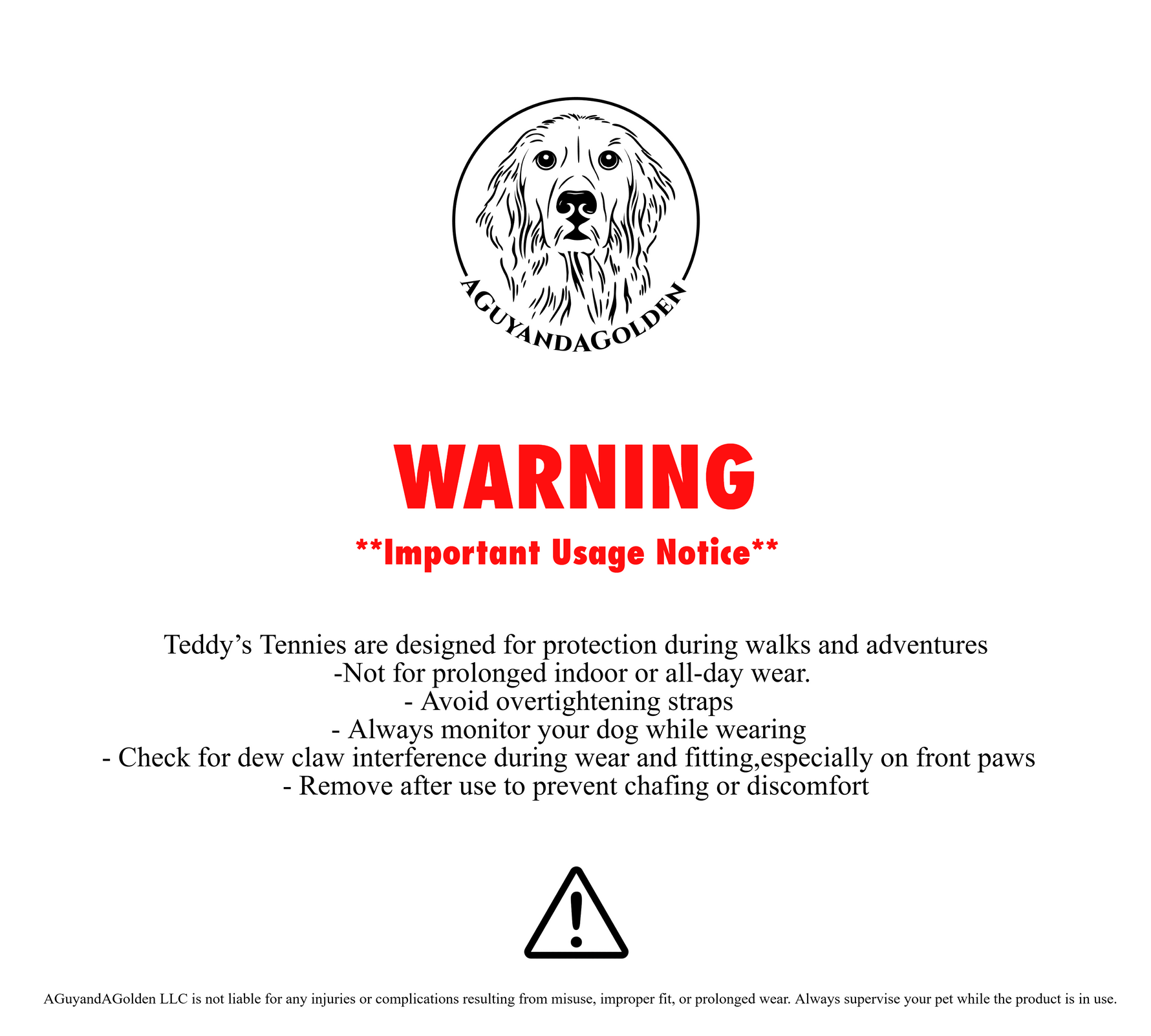 Warning label for dog products with a black and white logo and text on a white background