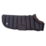Dark gray dog coat with brown lining on a white background