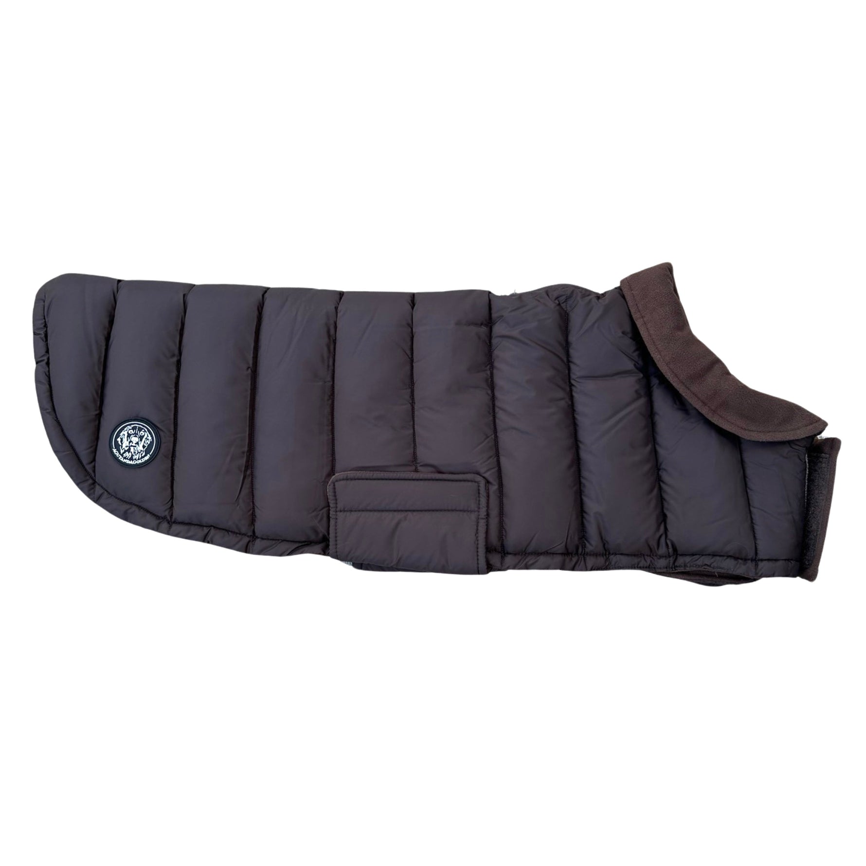 Dark gray dog coat with brown lining on a white background