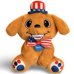 Plush dog toy with American flag hat and bow tie on a white background