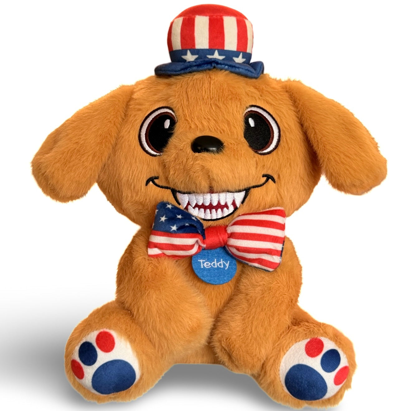 Plush dog toy with American flag hat and bow tie on a white background
