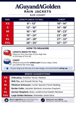 Size chart for rain jackets by A Guy and A Golden with measurements and breed suggestions.