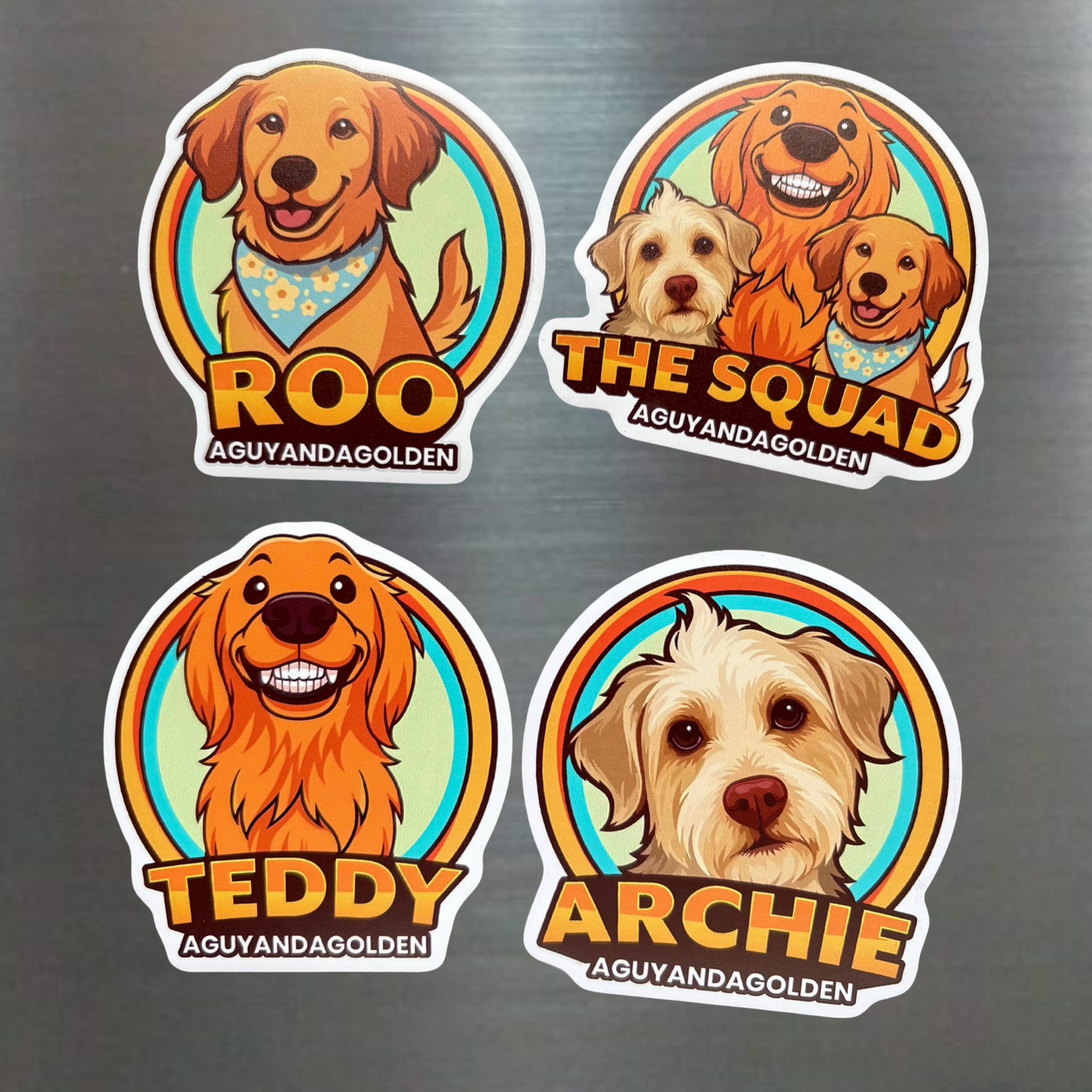 Four dog magnets named Roo, The Squad, Teddy, and Archie on a metallic surface.
