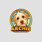 Magnet of a dog named Archie with a colorful border on a light gray background