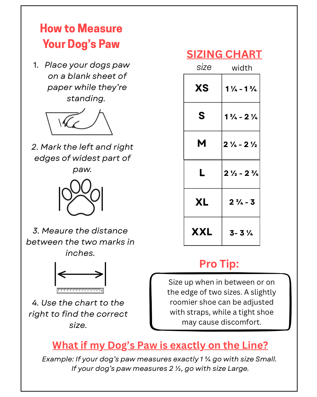 Instructions on how to measure a dog's paw and a sizing chart for shoes.
