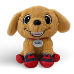 Plush dog toy named 'Teddy' on a white background