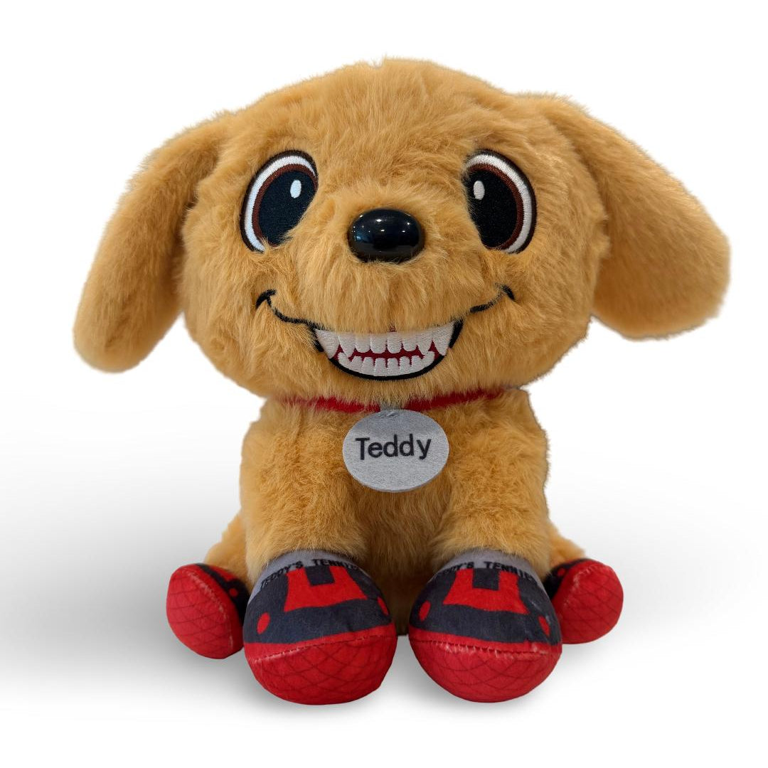Plush dog toy named 'Teddy' on a white background